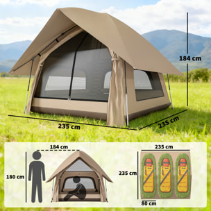Tienda de Campaña Pop-up para 2-3 Personas, Tienda de Camping Plegable Portátil, Impermeable 3000 mm con 3 Ventanas, 3 Claraboyas, Base, Bolsa Transporte para Senderismo 235x235x184 cm, Caqui
