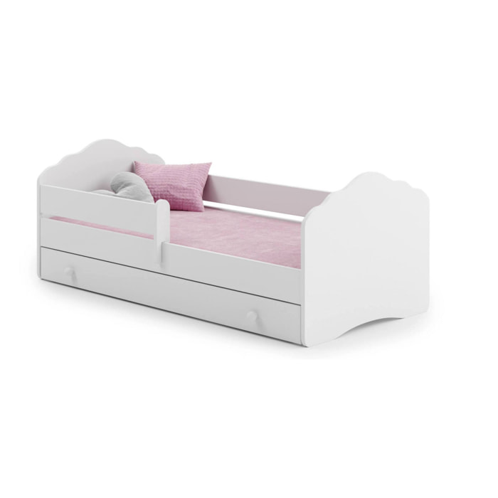 Letto singolo per bambini, Lettino con cassettone e protezione anticaduta e testiera a "nuvola", cm 164x88h63, colore Bianco