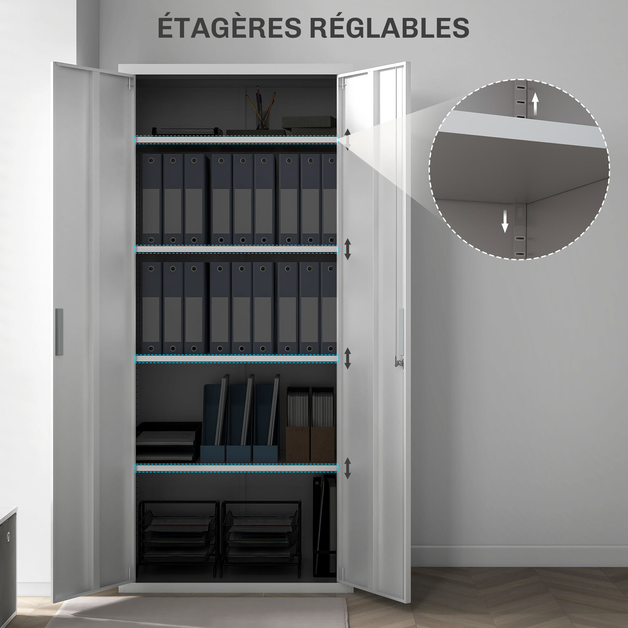 Armoire de bureau verrouillable 2 portes - 4 étagères réglables, 2 clés - acier laminé à froid blanc