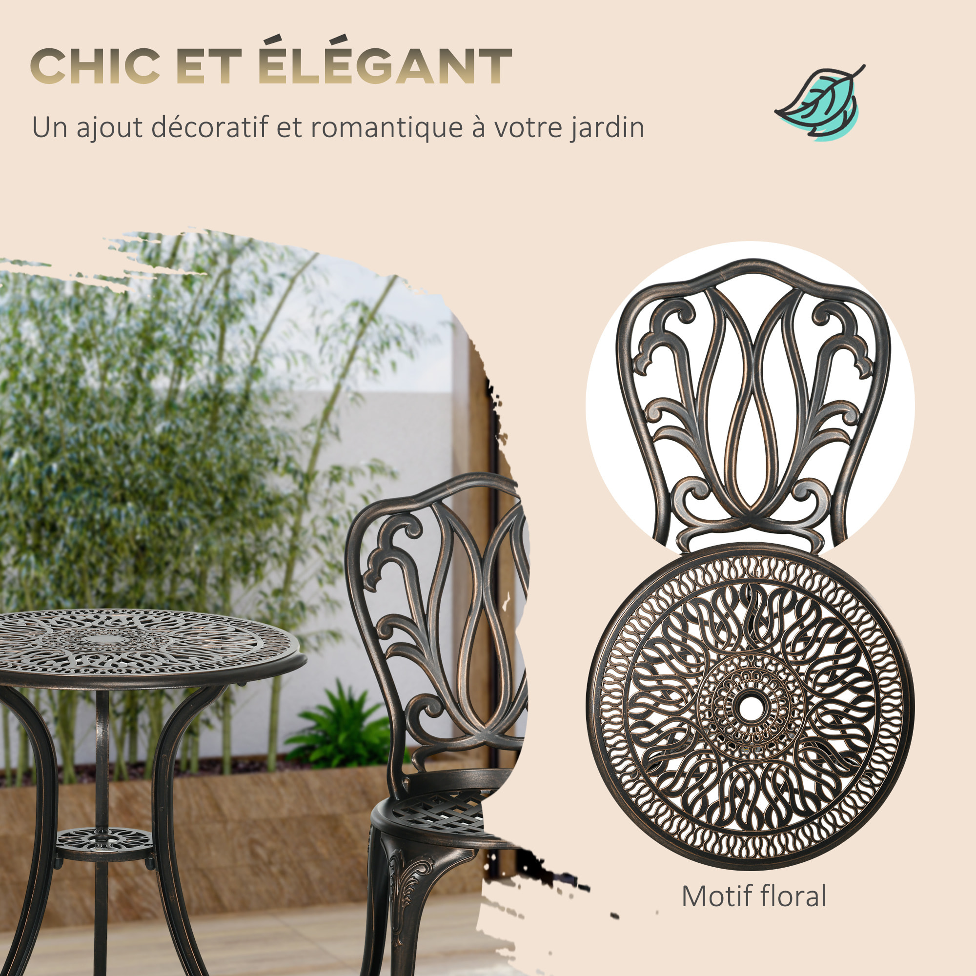 Ensemble salon de jardin 2 places avec table ronde style rétro fonte alu effet bronze antique