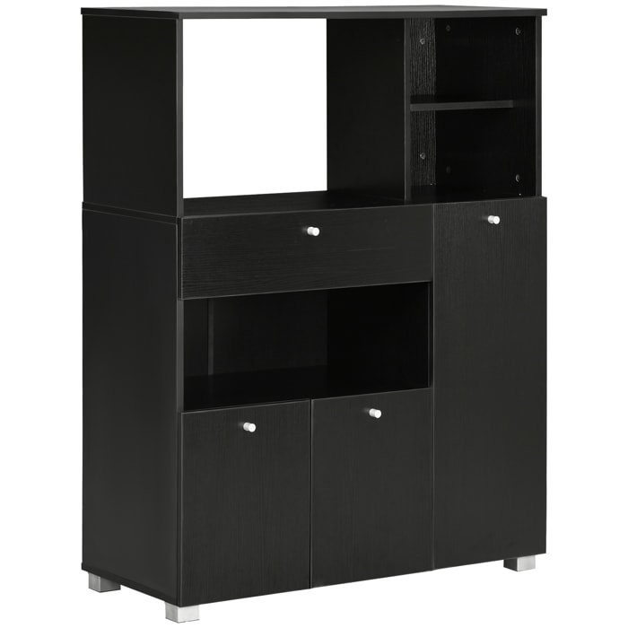 Mueble Auxiliar de Cocina Mueble para Microondas Aparador de Cocina con Cajón Estantes 3 Puertas 3 Compartimientos Diseño Anti-vuelco para Comedor 90x40x120 cm Negro