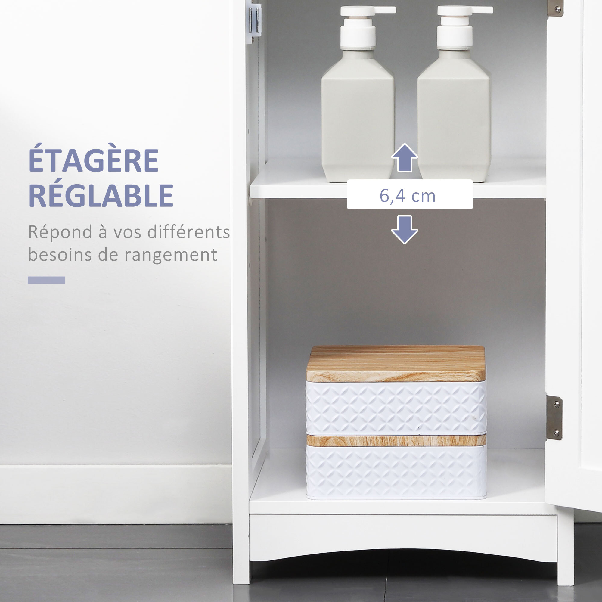 Meuble colonne salle de bain - 3 niches, placard porte étagère, tiroir - MDF blanc gris