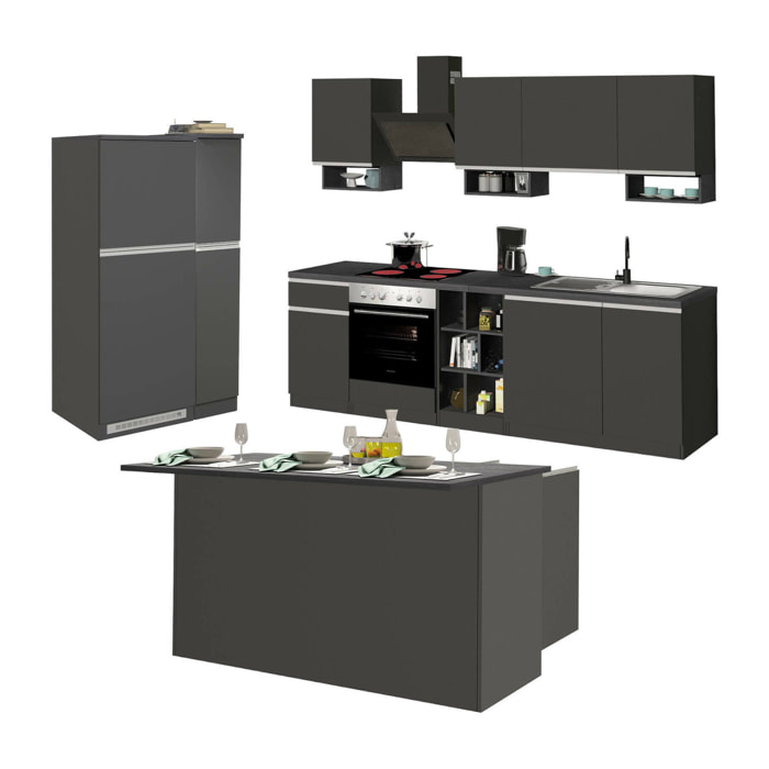 Cucina completa Arlo, Set con dispensa, Mobile per cucinotto, Kit blocco con isola e portafrigo, 100% Made in Italy, Antracite e Ardesia