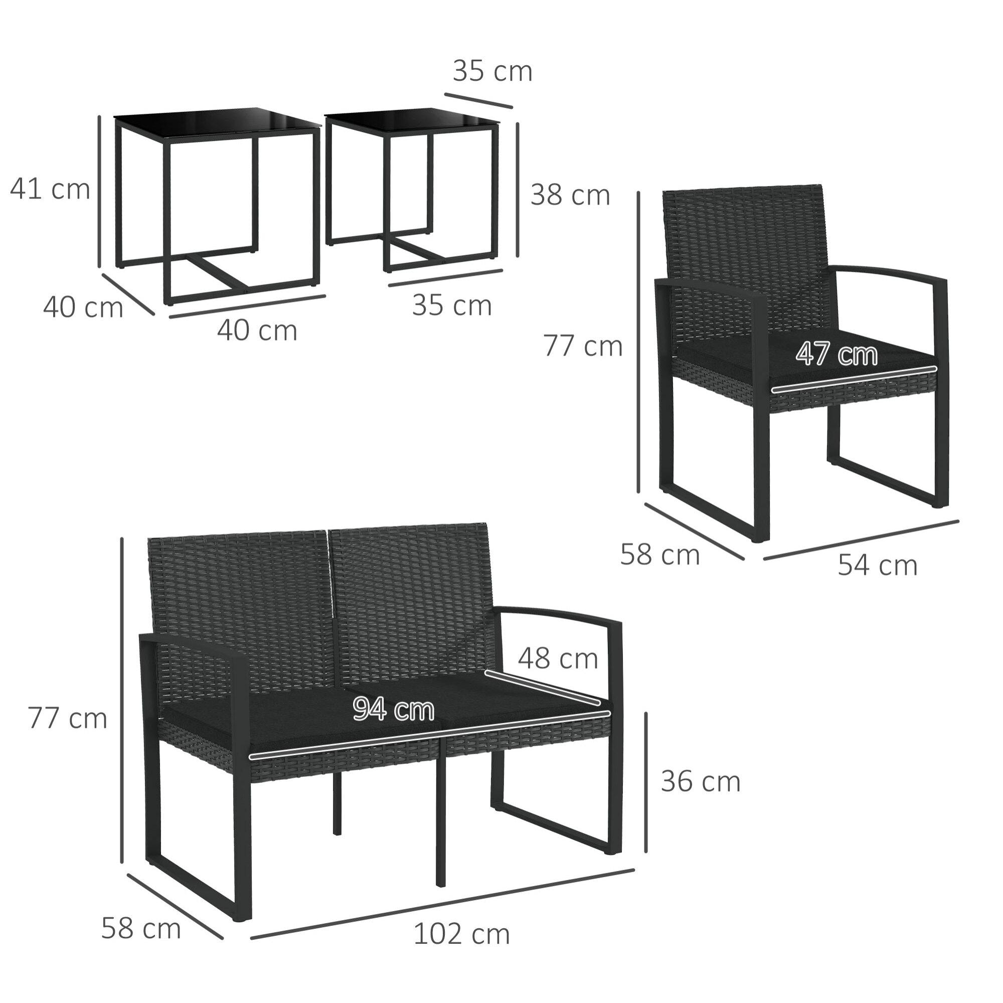 Conjunto de Muebles de Jardín de Ratán Sintético Juego de Sofás Exterior de 5 Piezas con 2 Sofás Individuales 1 Sofá Doble y 2 Mesas de Centro para Patio Terraza Negro