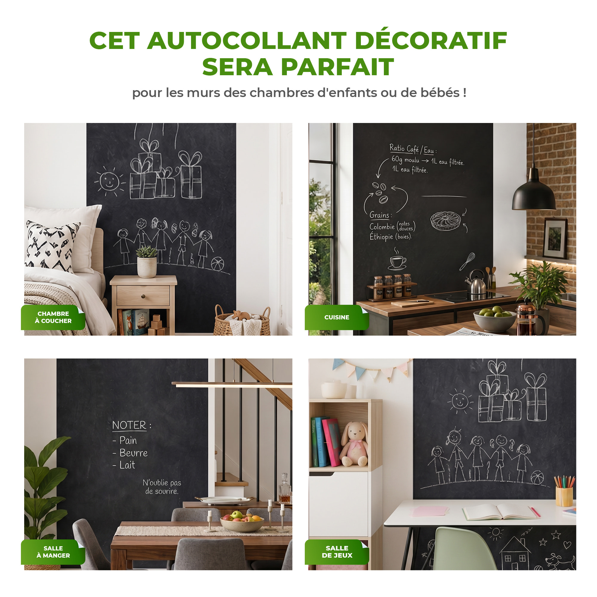 Sticker ardoise tableau noir - stickers muraux adhésif effaçable - ARDOISE GÉANTE 200X60 CM ET 4 CRAIES LIQUIDES