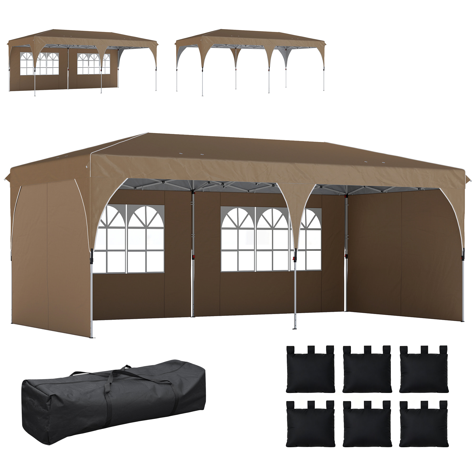 Carpa Plegable 6x3 m, Pop-up, con 4 Laterales Extraíbles, Cenador de Jardín con Tiras Reflectantes, Altura Ajustable, Sistema Central de Bloqueo, UPF50+, Impermeable, Bolsa Transporte, Beige