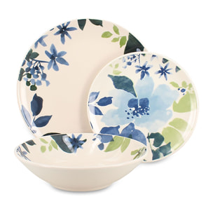 Service de table 36 pièces en porcelaine motif fleuri bleu BLEUET