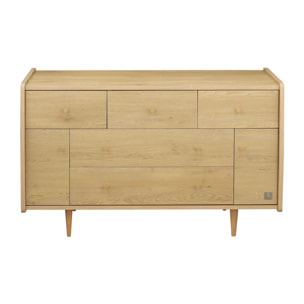 Commode 5 tiroirs et 2 portes décor chêne vintage poignées dorées