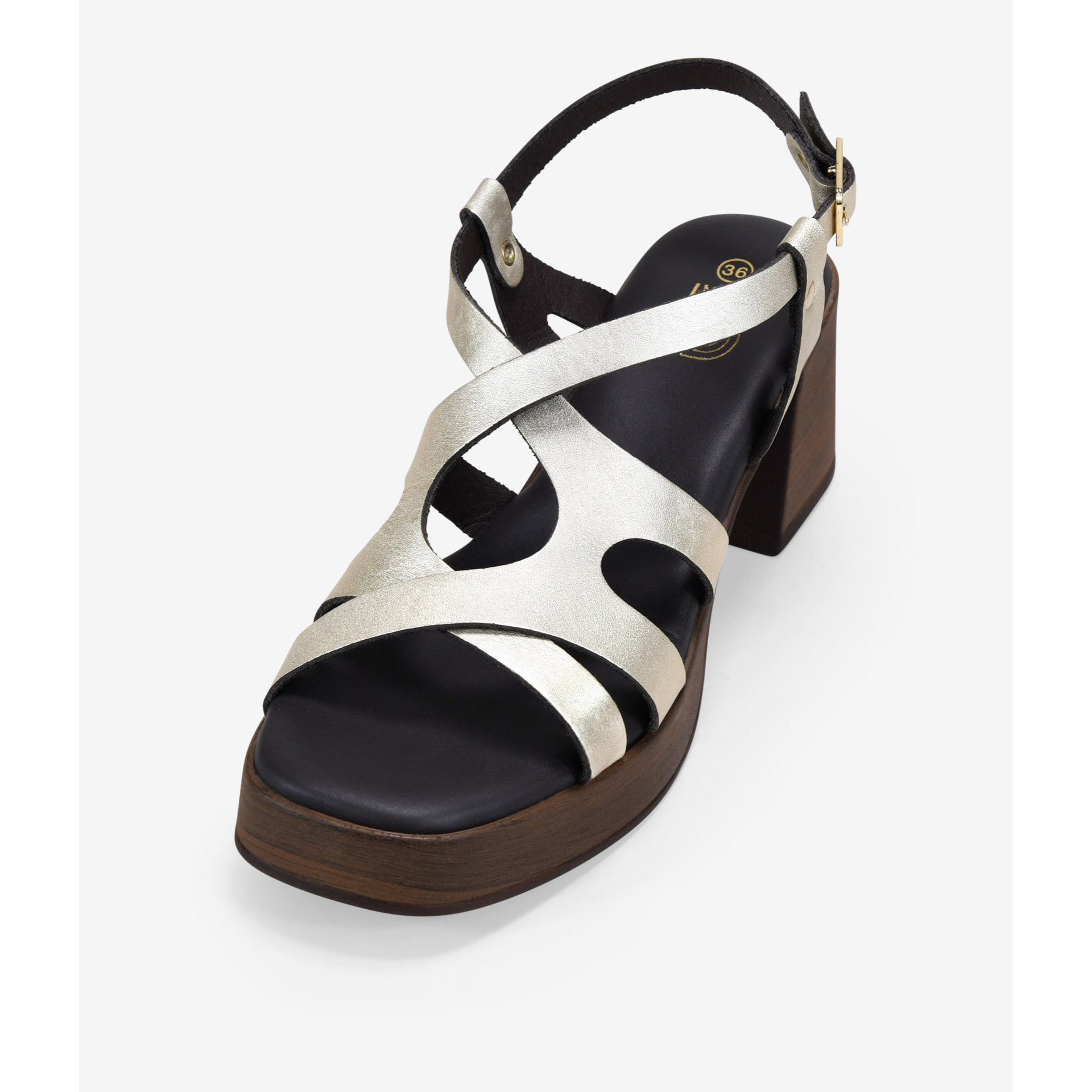 Sandalias de tacón doradas en piel con suela de madera