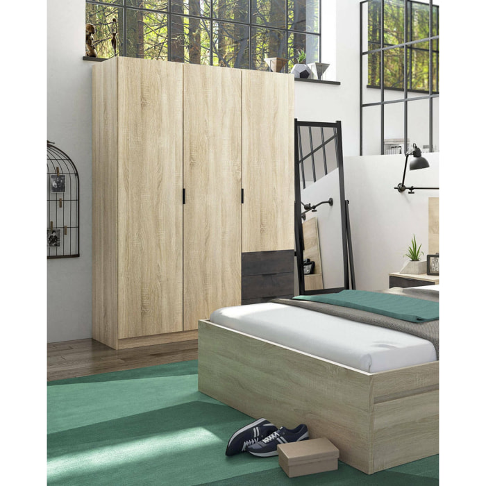 Guardaroba 3 ante Apaches, Armadio per camera da letto 3 cassetti, Mobile con barra appendiabiti e 3 ripiani, 121x52h180 cm, Rovere e Ossido