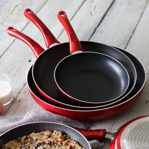 Lot de 3 poêles en aluminium rouge - tous feux  CERISE