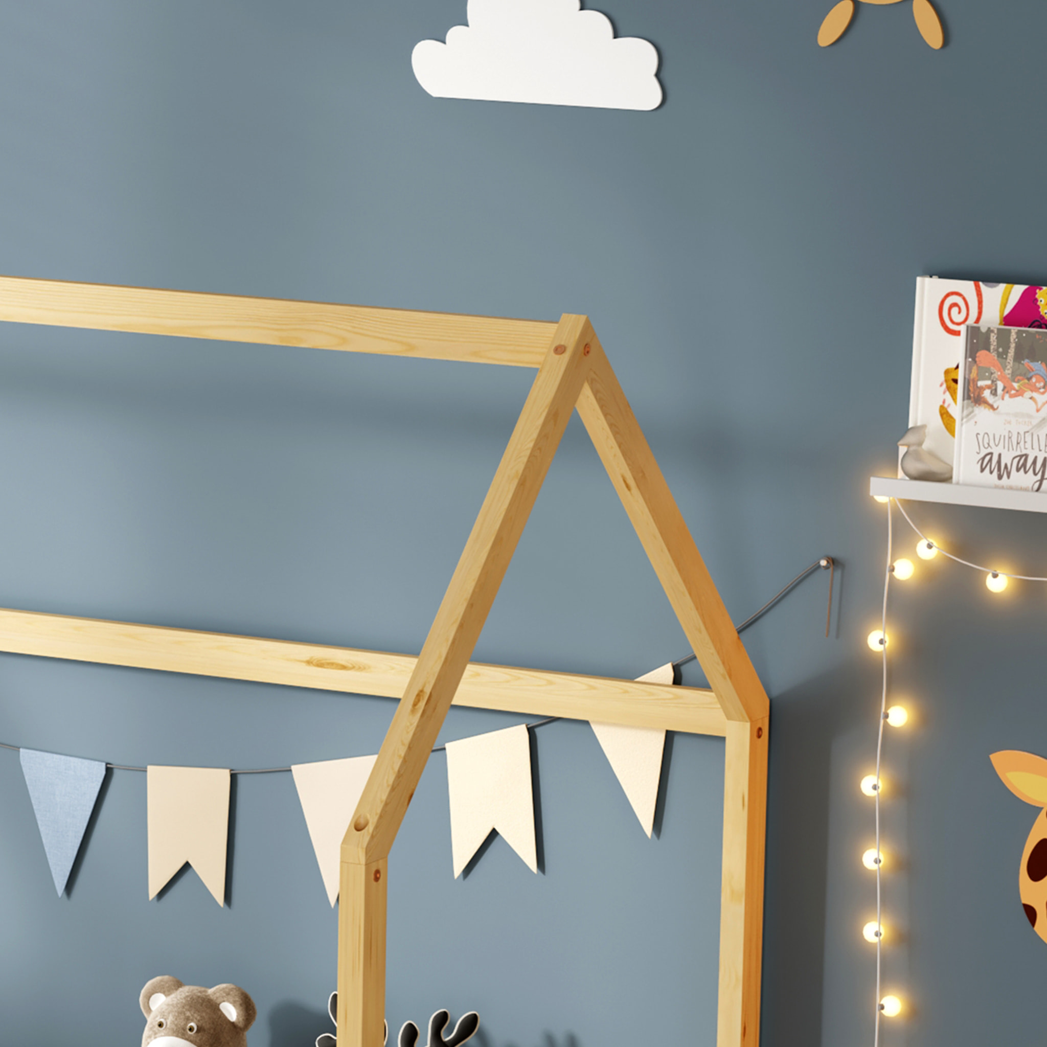 Lit Cabane Nid enchanté 90 x 190 cm, Couleur Bois, Bois de Pin naturel, Barrières latérales de sécurité, Favorise l'imagination