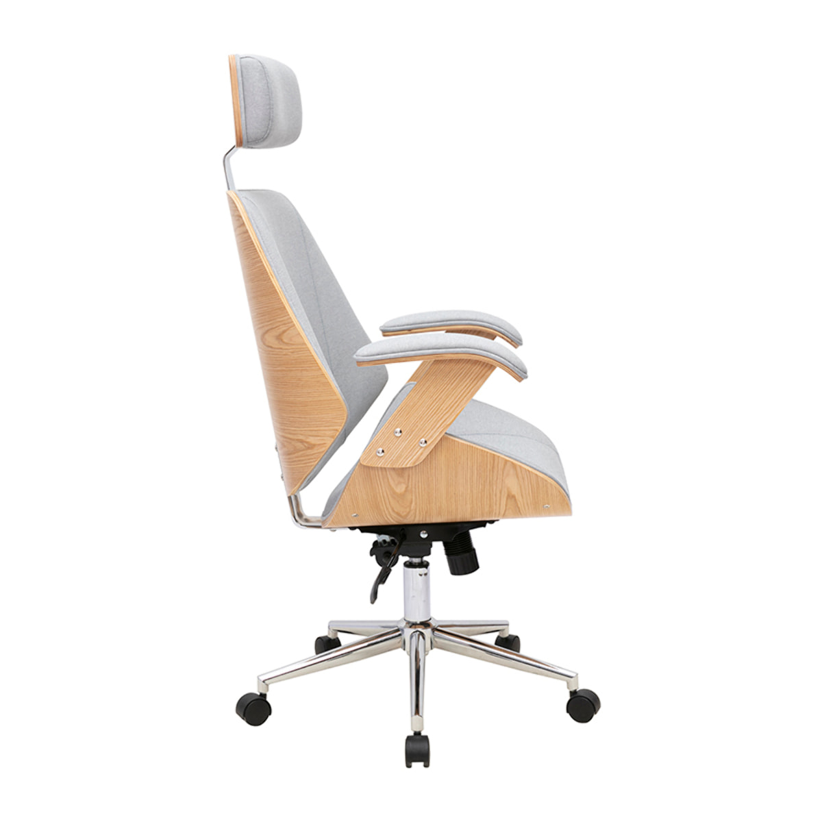 Fauteuil de bureau de direction design en tissu gris, bois clair et acier chromé MUSK