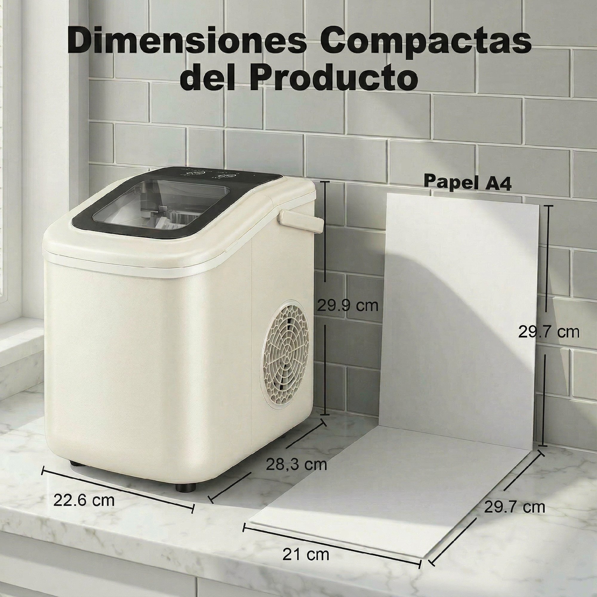 Máquina de Hielo, Máquina de Cubitos de Hielo Autolimpiable, 12 kg/24H, 9 Cubitos Listos en 7 Minutos, 2 Tamaños de Hielo, 1,2L Depósito, para Hogar, Cocina, Oficina, Bar, Beige