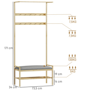 Perchero Zapatero Perchero Entrada Recibidor con 10 Ganchos Banco Zapatero Barra Superior y Compartimento para Pasillo Dormitorio 73,5x34x171 cm Natural