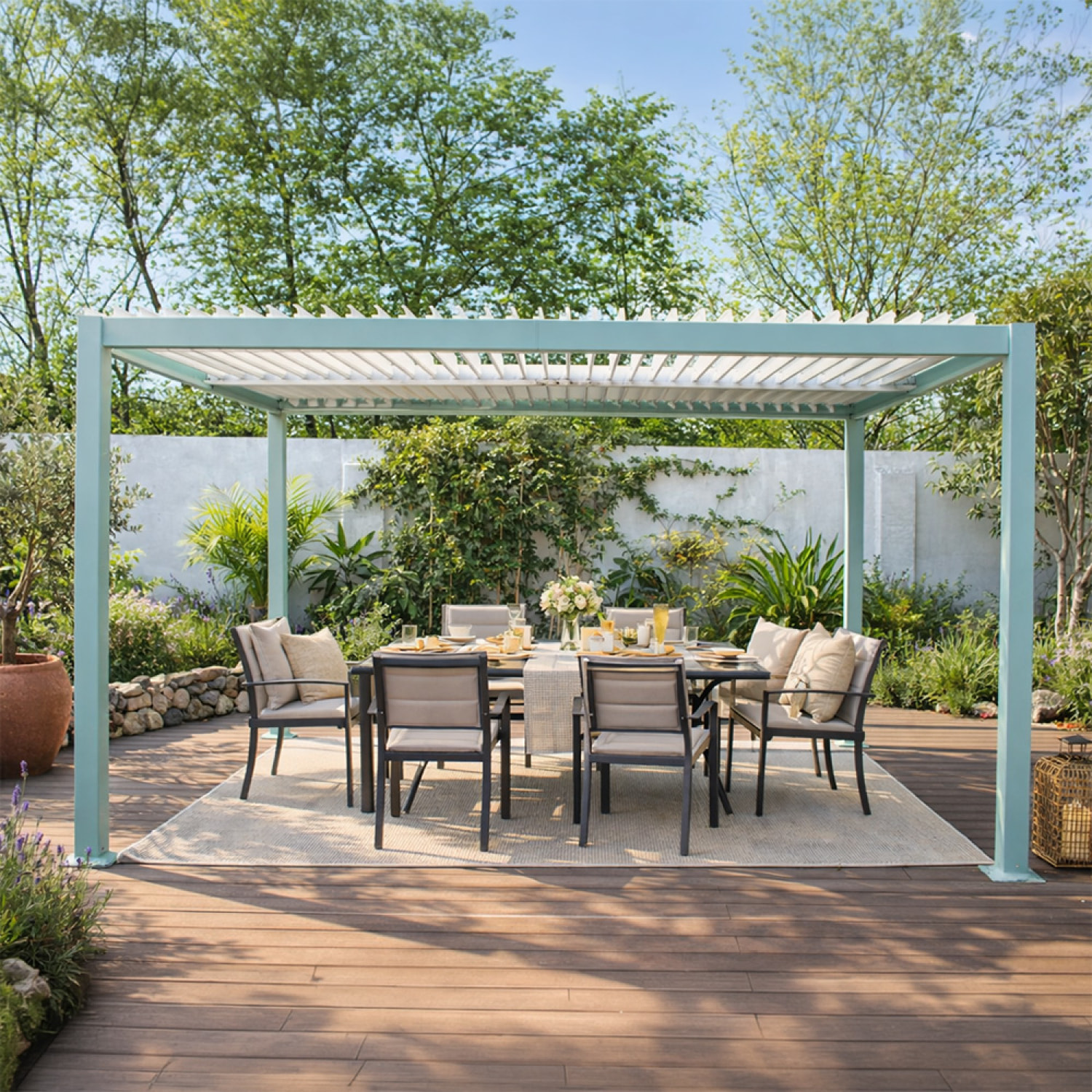 Pergola bioclimatique structure et lames orientables en aluminium vert 4x3m SOPRON