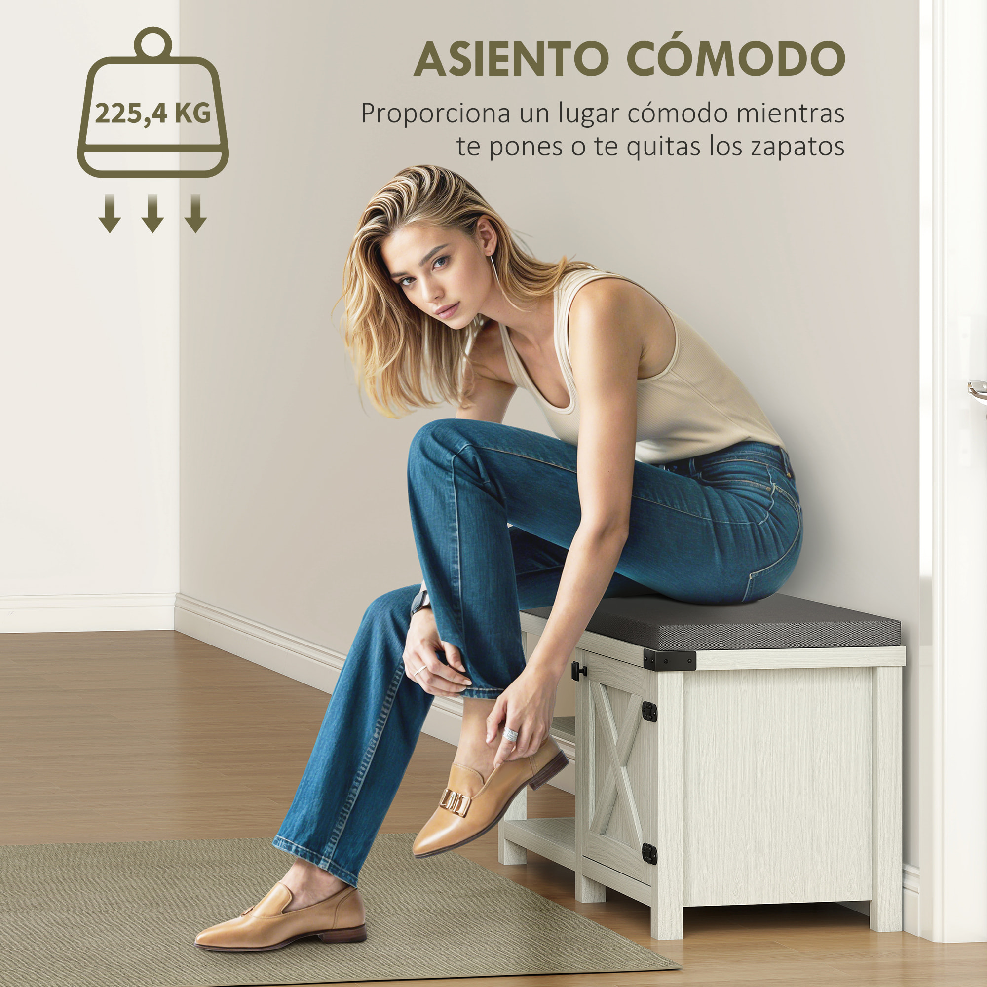 Banco Zapatero Rústico Zapatero con Asiento Organizador de Zapatos con Compartimentos Cojín para 7 Pares de Zapatos para Entrada Salón Dormitorio 100x40x48 cm Blanco y Gris