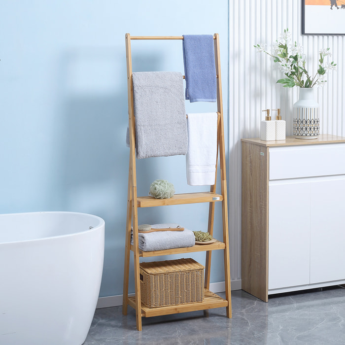 Porte-serviette pliable autoportant - 3 barres, 3 étagères - dim. 53 x 30 x 152 cm - bois bambou