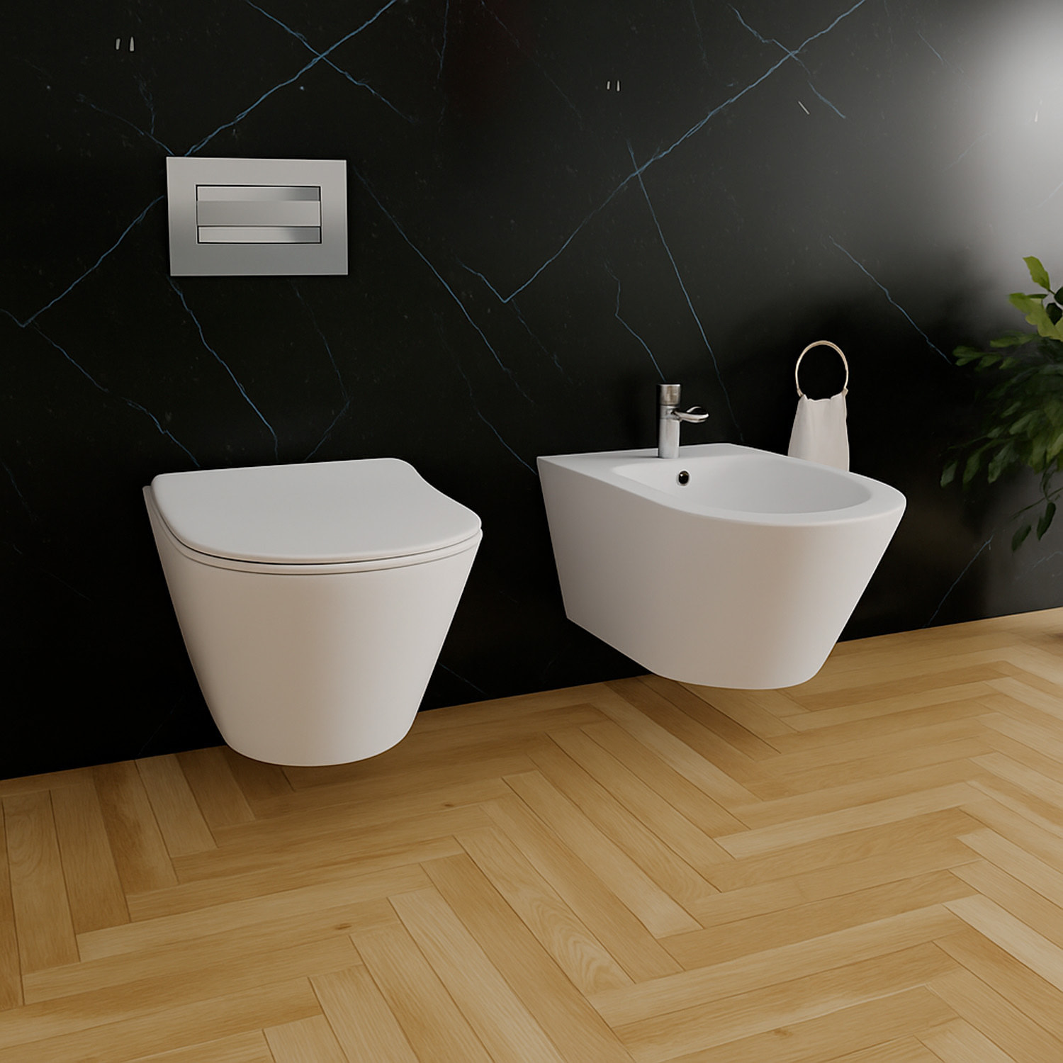 Coppia Sanitari Sospesi Vaso WC Rimless Con Tornado Flush E Bidet Sospeso Moderno Tondo In Ceramica Con Copriwater Chiusura Soft Close Bianco Opaco