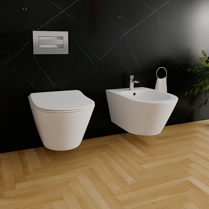Coppia Sanitari Sospesi Vaso WC Rimless Con Tornado Flush E Bidet Sospeso Moderno Tondo In Ceramica Con Copriwater Chiusura Soft Close Bianco Opaco