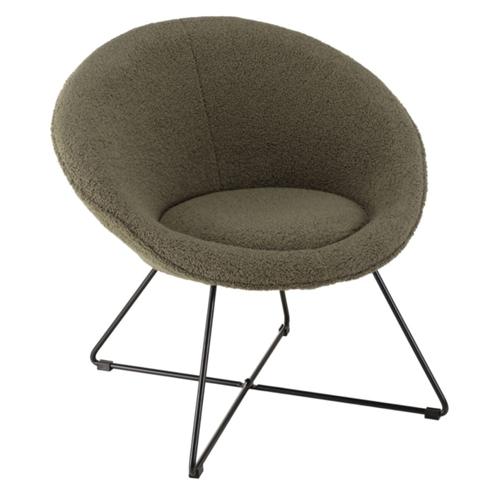 AGATHE - Fauteuil tissu bouclette vert kaki pieds croisés métal noir