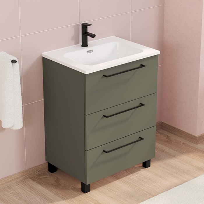 Conjunto de baño Haru | Mueble de baño con patas | 60 cm Verde Musgo| Tres cajones | Lavabo encastrado | No incluye espejo | Alday