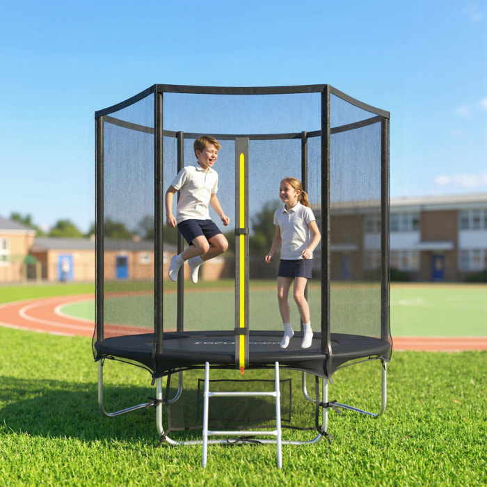 Cama Elástica Niños Exterior Ø183 cm, Trampolín para Niños de +6 Años con Red de Seguridad, Escalera de 2 Peldaños, Cubierta de Muelles, Bolsa de Almacenamiento, Carga 80 kg, Negro