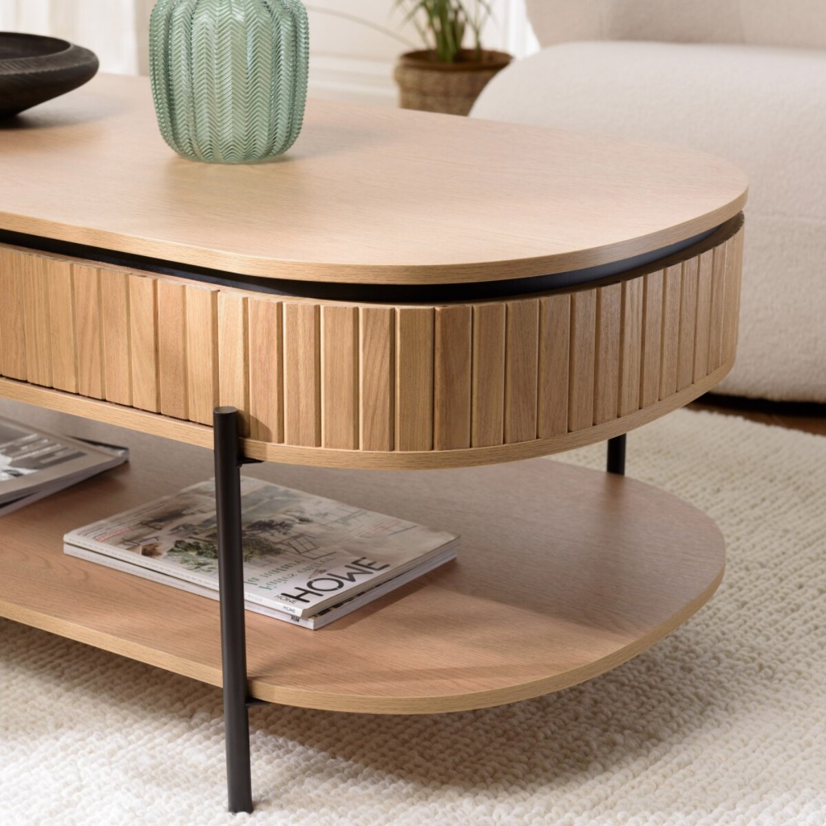 CHARLIE - Table basse bois 2 tiroirs style rétro Pin marron