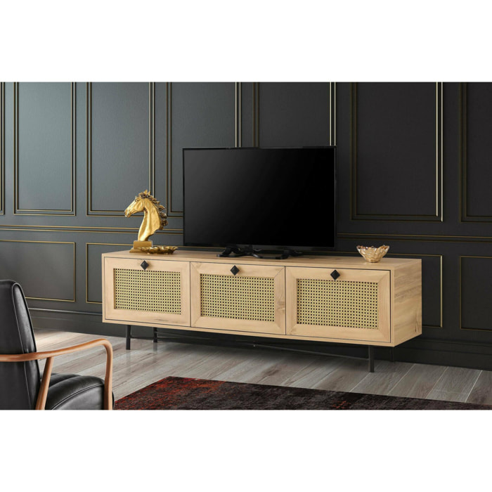 Mobile porta TV Dpasinat, Credenza da soggiorno, Armadio basso per TV, Base parete attrezzata, 180x40h60 cm, Quercia e Nero