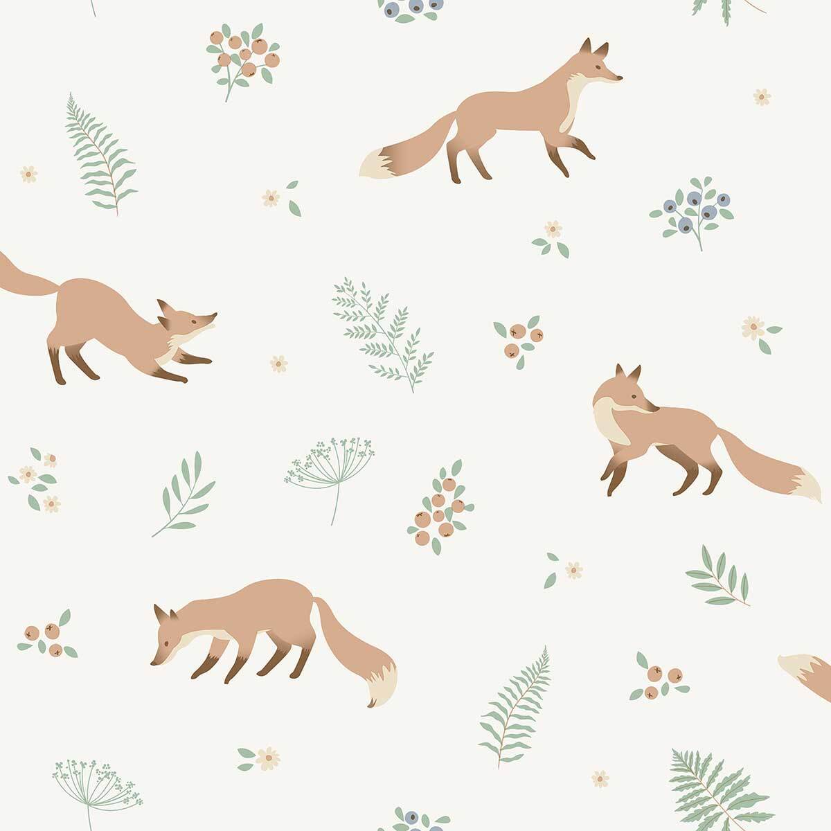 Papier peint renards et plantes forêt fond blanc
