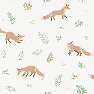 Papier peint renards et plantes forêt fond blanc