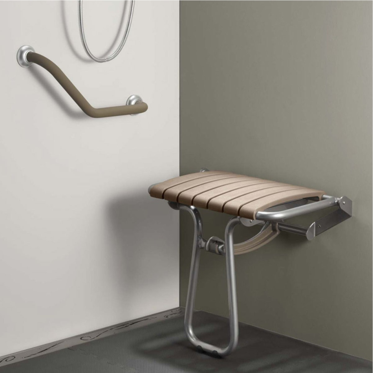 Siège de douche PMR PELLET Essentiel confort escamotable avec pied aluminium époxy gris lattes taupe