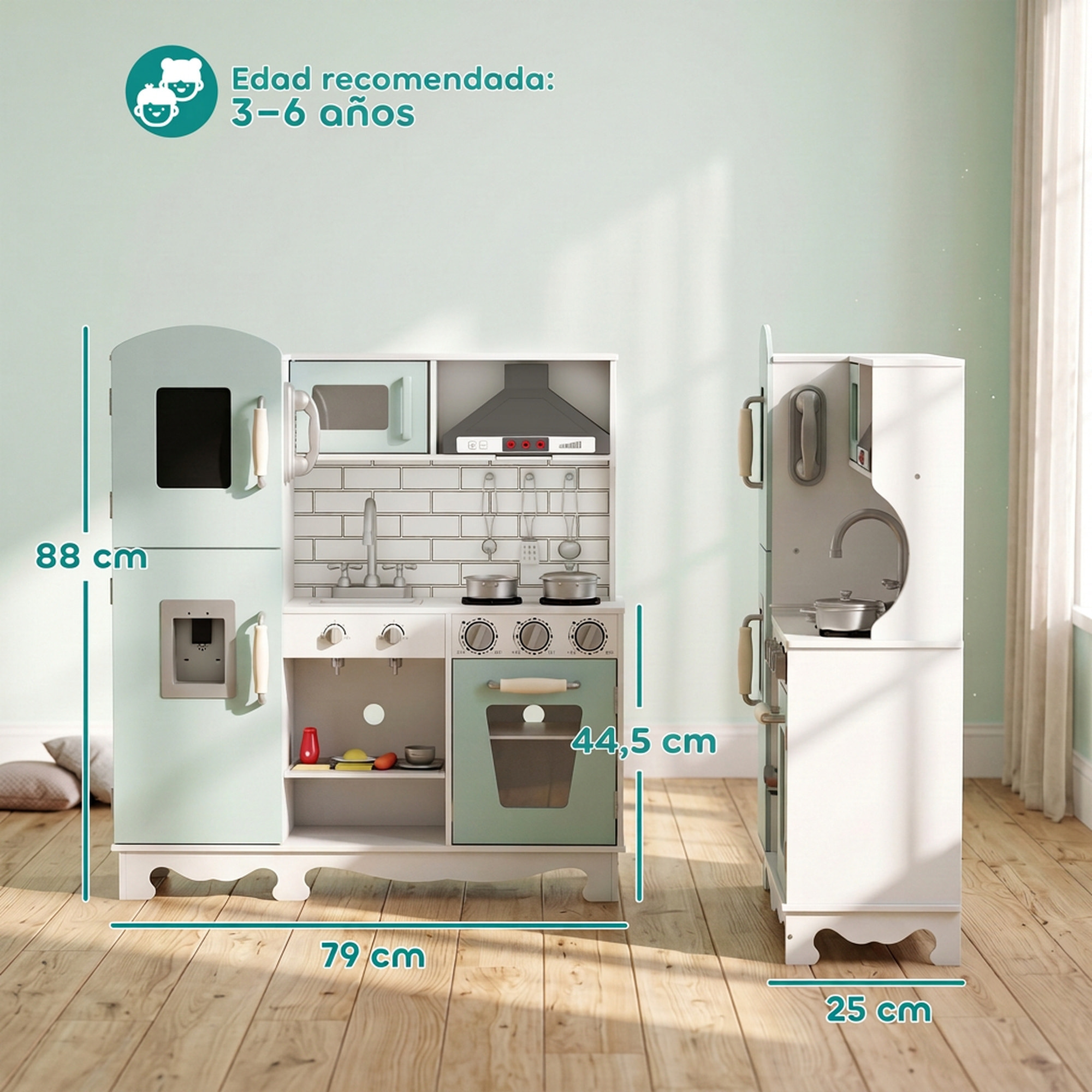 AIYAPLAY Cocina de Juguete de Madera con Luces y Sonidos. Cocinita Infantil con Campana Extractora, Dispensador de Agua, Cafetera, Nevera, Horno, Fregadero, Accesorios, 3-6 Años Verde Azulado
