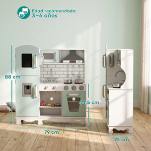 AIYAPLAY Cocina de Juguete de Madera con Luces y Sonidos. Cocinita Infantil con Campana Extractora, Dispensador de Agua, Cafetera, Nevera, Horno, Fregadero, Accesorios, 3-6 Años Verde Azulado