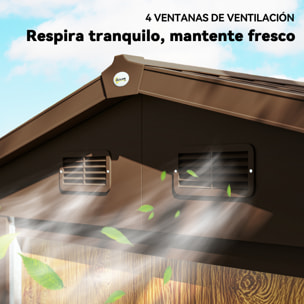Caseta de Jardín Exterior 3 m² 235,7x152x208,7 cm Cobertizo de Jardín Exterior Metálica con 2 Puertas Corredizas y 4 Ventanas para Almacenamiento de Herramientas Efecto Madera Natural y Café