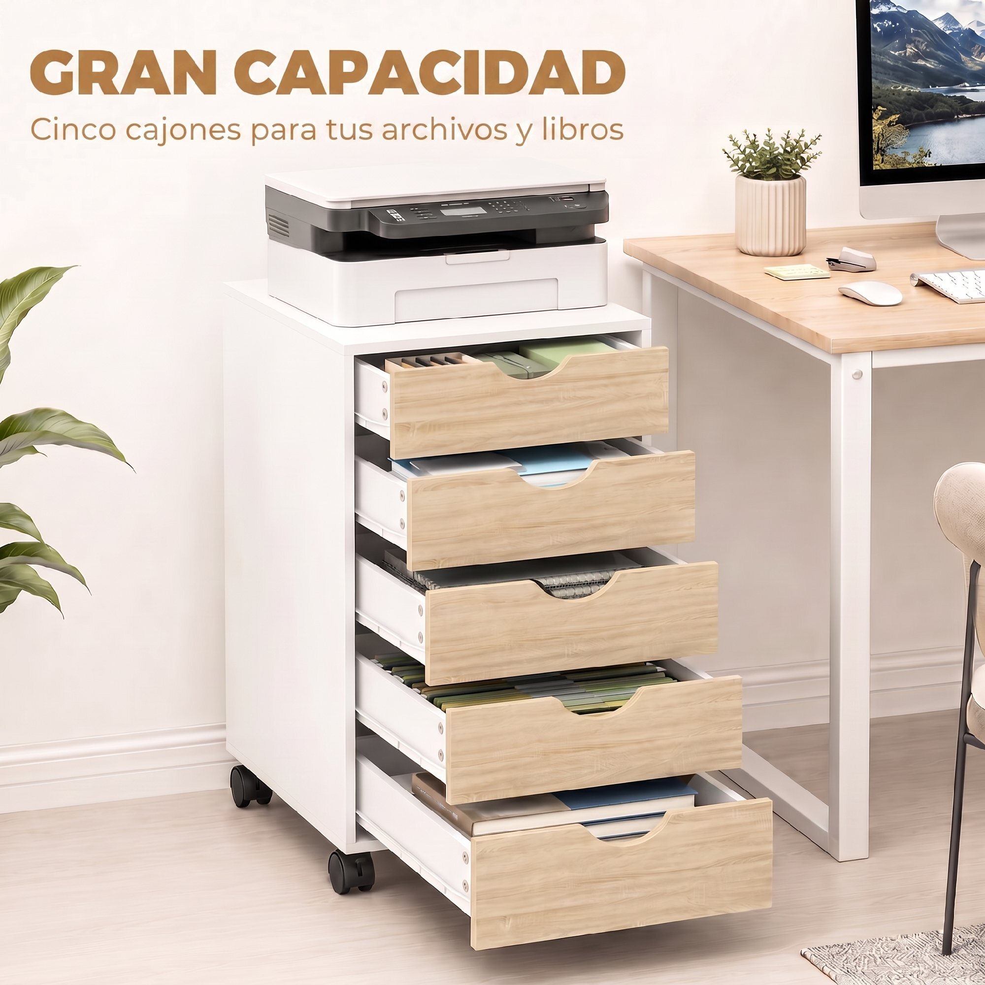 Cajonera Escritorio con Ruedas, Cajonera Oficina con 5 Cajones, Archivador Móvil, para Estudio, Salón, 40x40x67 cm, Blanco y Natural