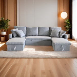 ELLA - Canapé panoramique convertible 4 places en tissu avec coffre - gris clair