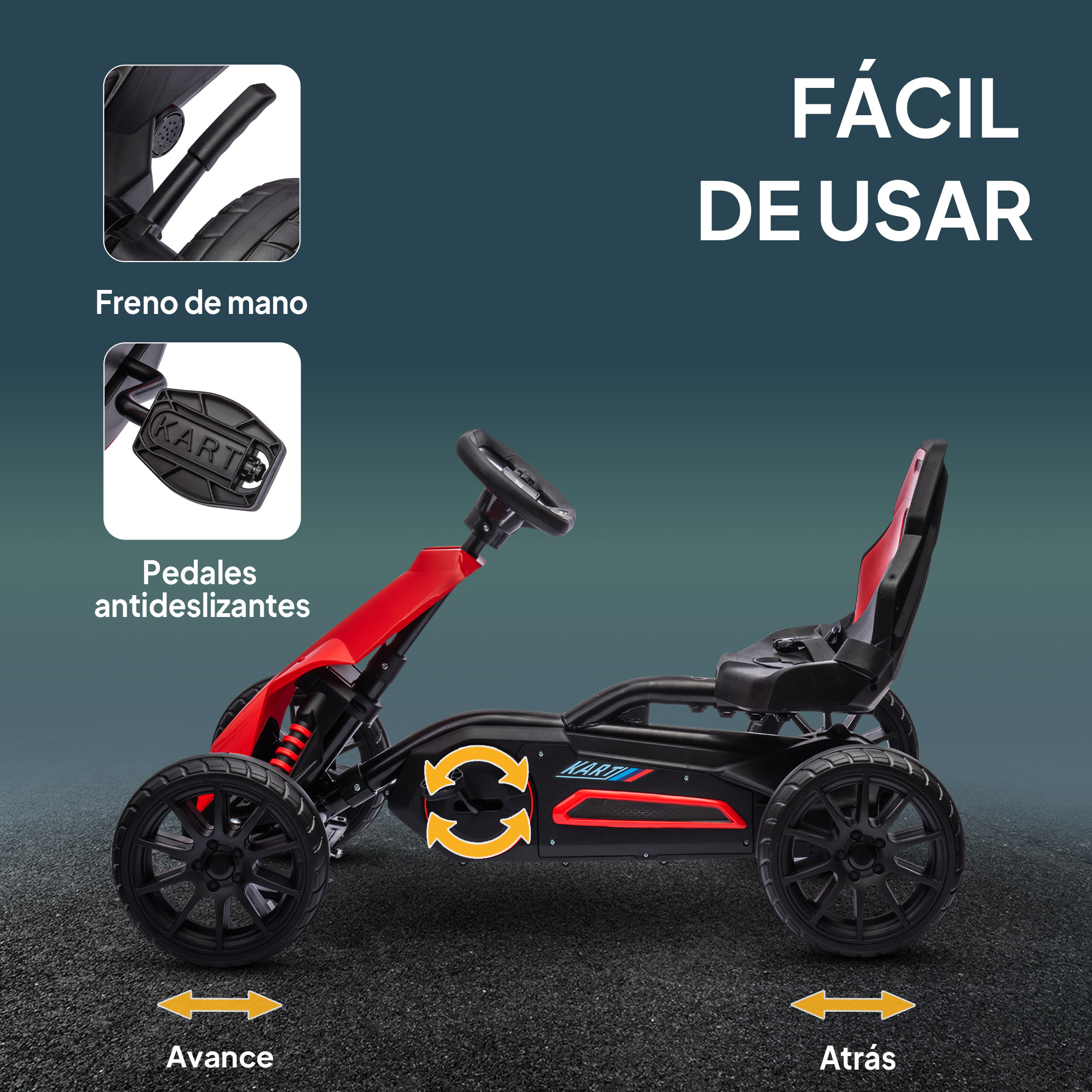 Kart Pedales Go Kart a Pedales para Niños de 3-8 Años con Asiento Ajustable en 4 Posiciones Freno de Mano y Ruedas de EVA Carga 30 kg Rojo