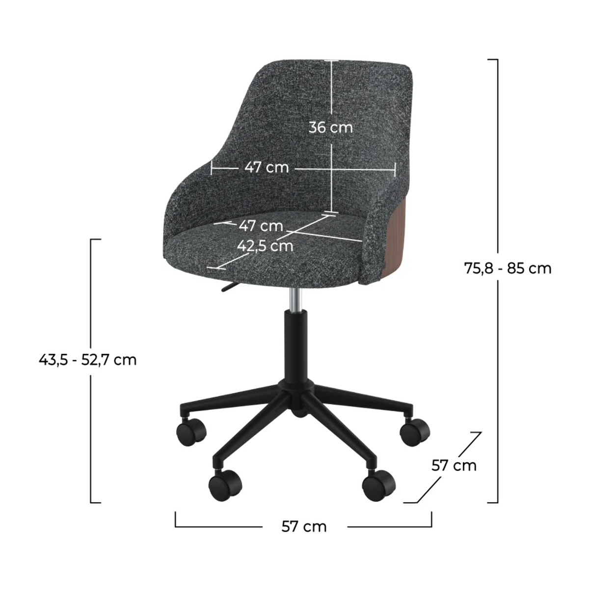 Chaise de bureau pivotante et réglable en tissu gris - Ninon