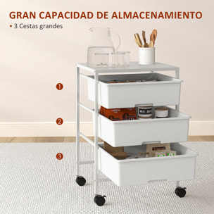 Carrito Auxiliar con Ruedas Carrito de Cocina de 3 Niveles con 3 Cestas para Almacenamiento y Marco de Acero para Comedor Sala Baño 40,8x33,5x60,5 cm Blanco