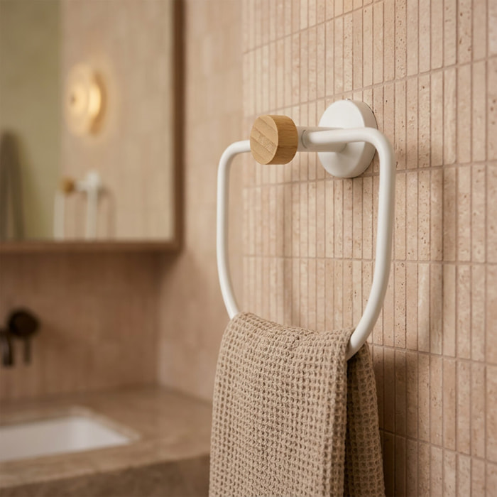 Anneau Porte serviettes mural en Acier & Bambou IANA Blanc mat MSV