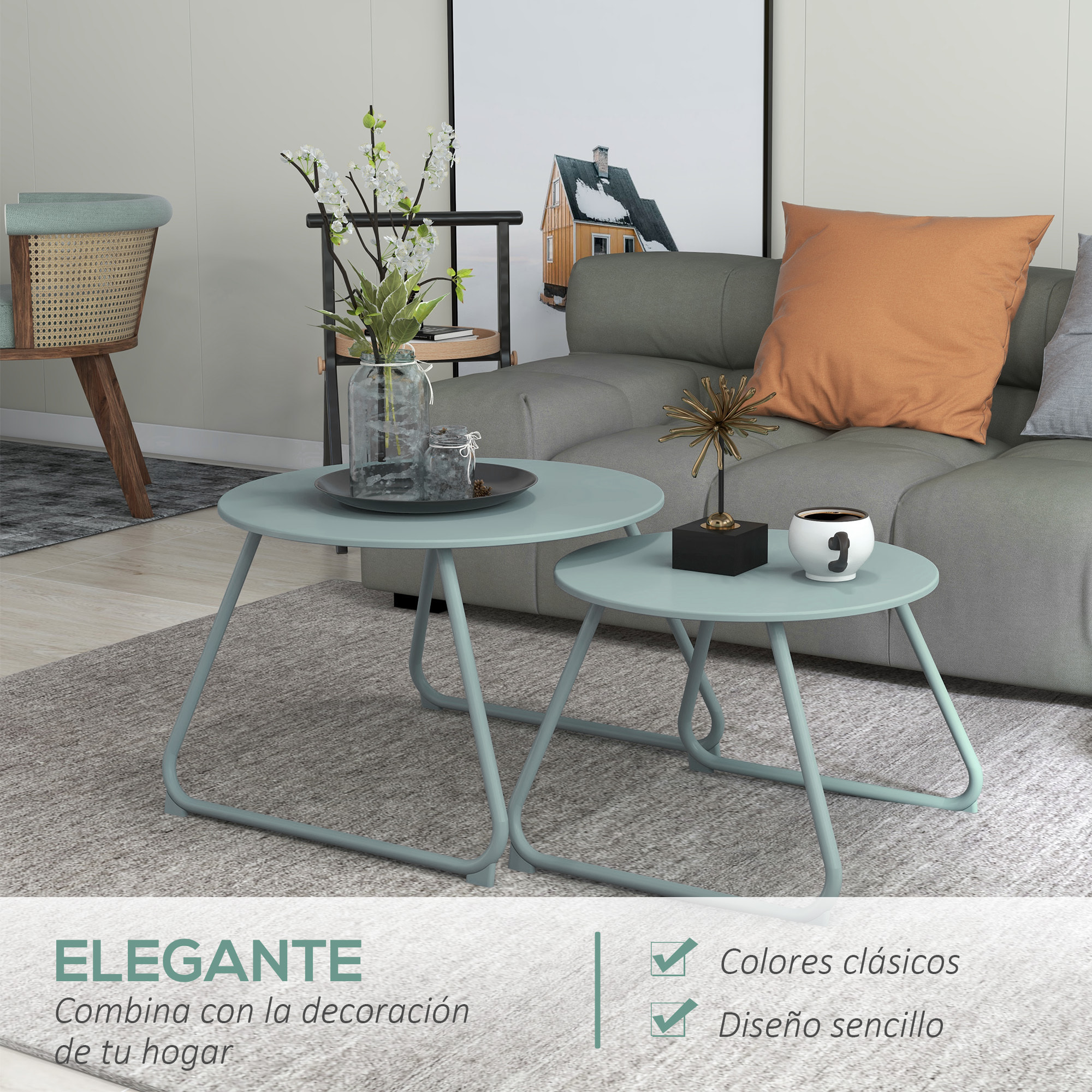 Juego de 2 Mesas de Jardín Apilables Mesas Auxiliares de Jardín Redondas con Estructura de Metal y Recubrimiento Epoxi Anticorrosivo para Balcón Terraza Patio Azul