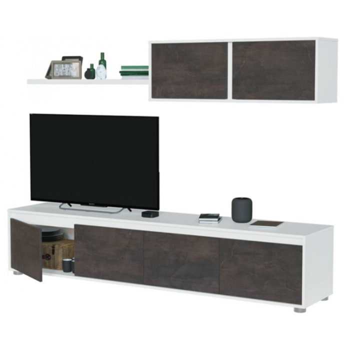 Parete Attrezzata Mobile Mobile Soggiorno TV con Mensola e Modulo Sospeso Salotto Legno Base Televisione Sala da Pranzo 200x41x43 cm Bianco E Ossido