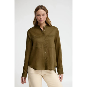 Camicia kaki scuro in ramie con collo alla coreana e fit ampio con ricamo Polo Club