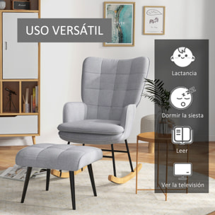 Silla Mecedora con Reposapiés, Sillón de Relax, con Cojín Acolchado, Respaldo Alto, Reposabrazos y Patas de Madera, Carga 130 kg, para Salón, Dormitorio, Gris Claro