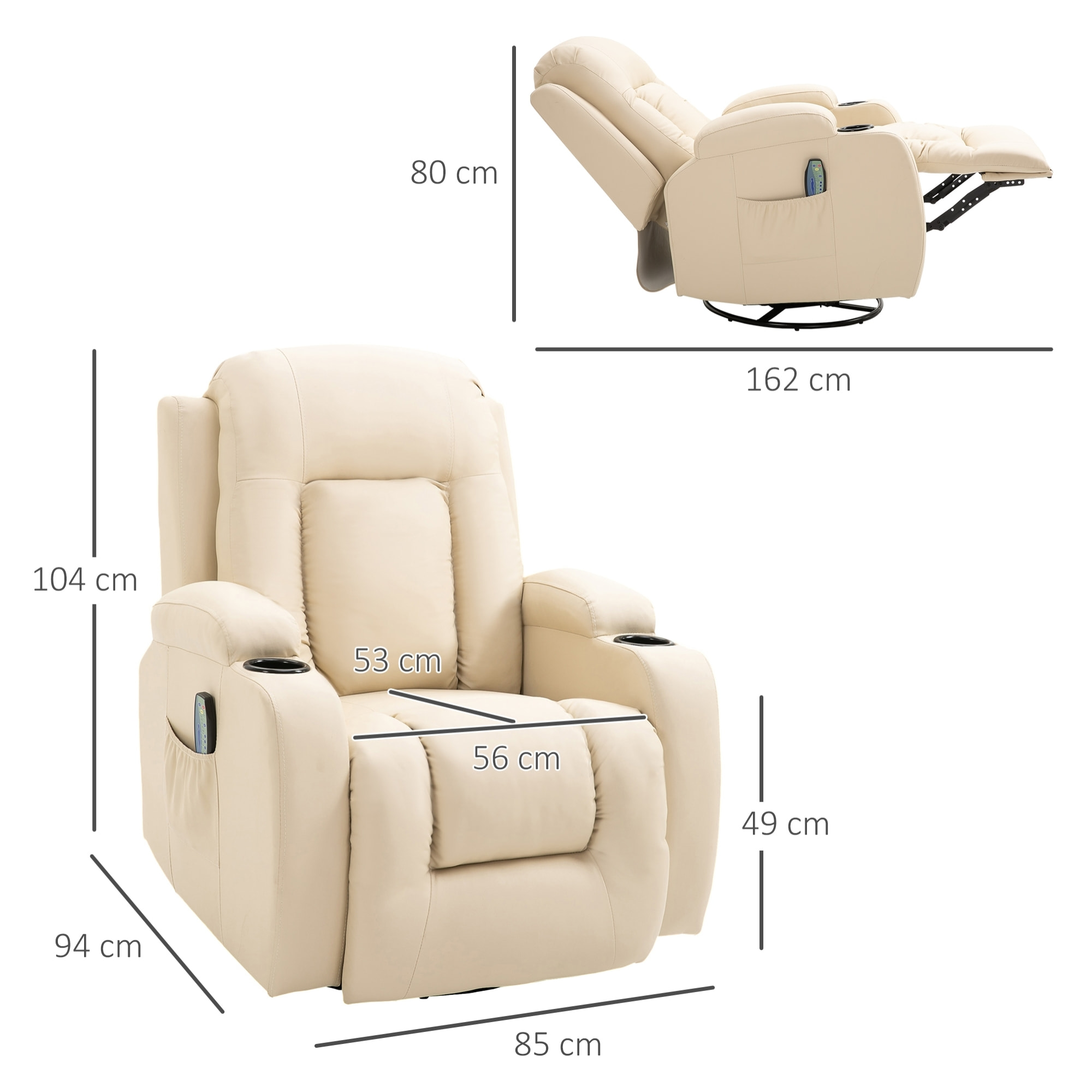 Fauteuil de massage et relaxation électrique chauffant inclinable manuellement repose-pied télécommande crème