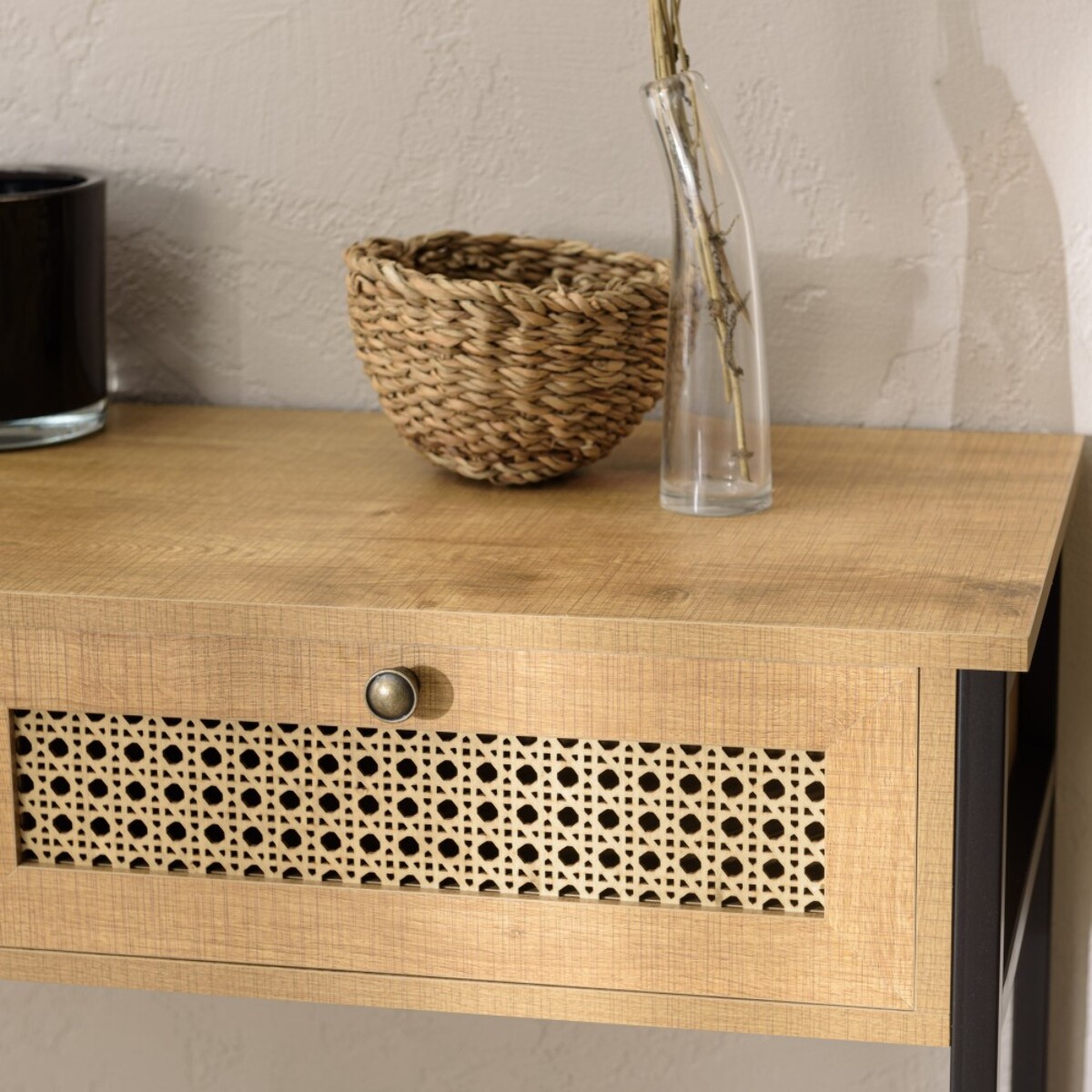 CHARLIE - Console bois marron 2 tiroirs 1 étagère cannage pieds métal