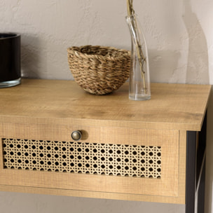 CHARLIE - Console bois marron 2 tiroirs 1 étagère cannage pieds métal