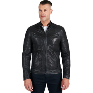 Giacca in pelle raggrinzita nera biker trapuntato sulle spalle