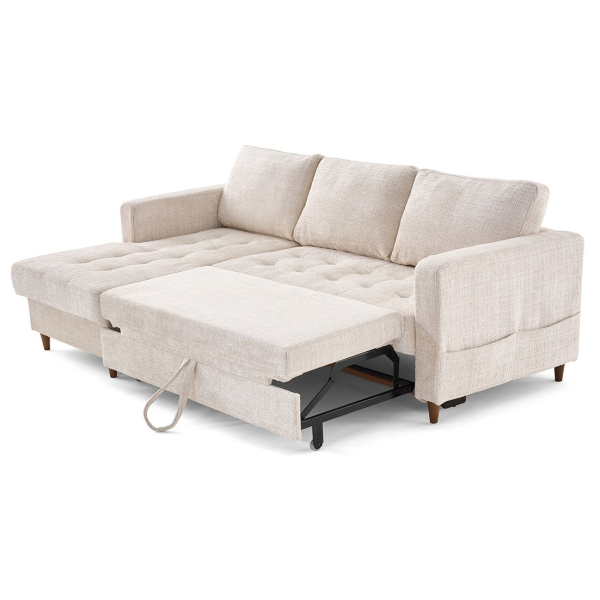 Anna - canapé d'angle gauche 4 places convertible avec coffre en velours texturé - Beige